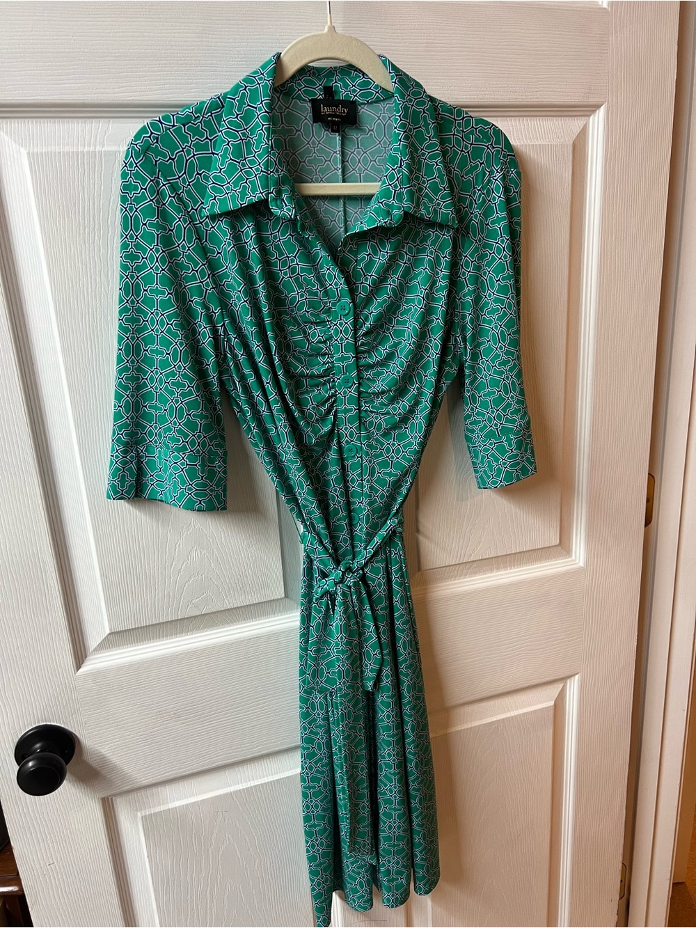 Laundry By Shelli Segal Teal Geometric Midi Wrap Dress